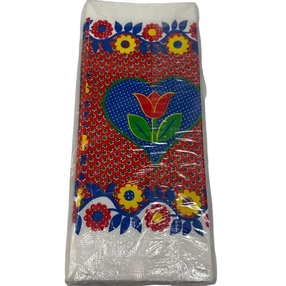 Vintage Hallmark Tulip Floral Table Cover 60X102 Red Blue Border Tablecloth New